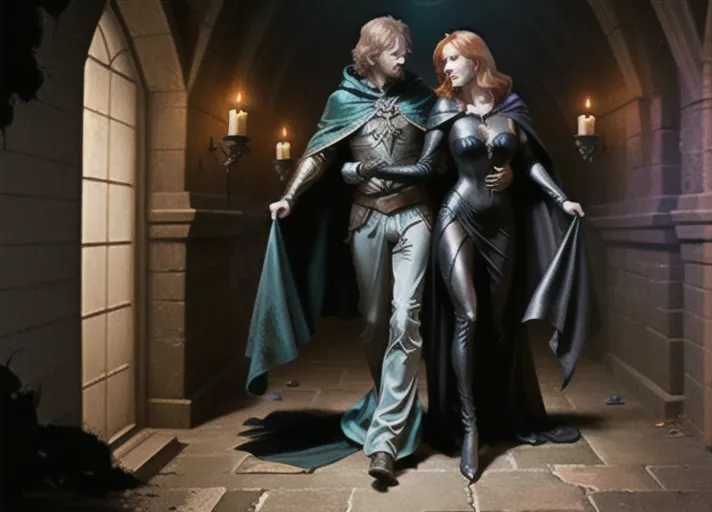 Sweet bright cheerful beautiful elegant auburn haired in a low hanging bun wide sparkling sapphire eyed Queen Anna of Arendelle in green and dark green velvet unveiling ceremony gown.
Arm in arm with a strong masculine debonair scandalous older Marques de Sade in a black leather and hooded cape and white powered hair, his hand on her butt as they make their way through abandoned narrow dimly torch-lit dungeon corridors.
horror