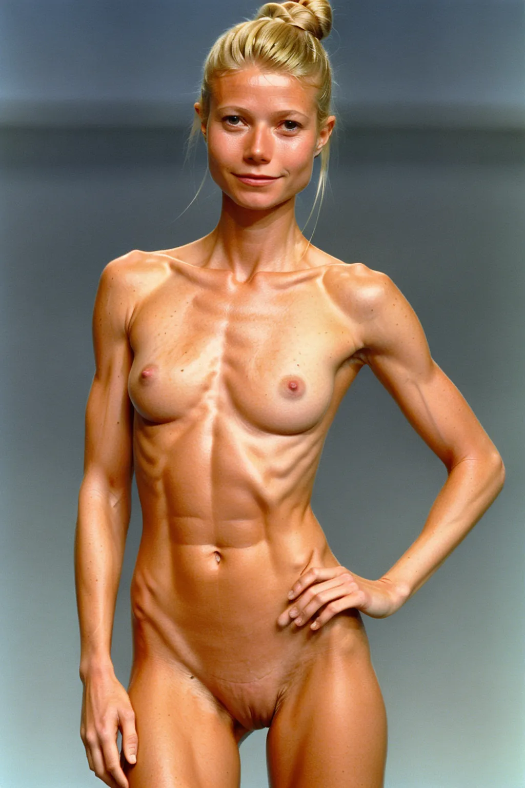 A very fit 18 year old fully naked Gwyneth Paltrow, serious look on her face, flexing her abs, very low body fat, extremely lean body, perfect body, showing her vagina, standing on the set of a late night talk show in 1998, fully nude, spreading her legs, perfectly shaped breast, blonde hair, spreading her legs wide open, perfect tan, hair bun