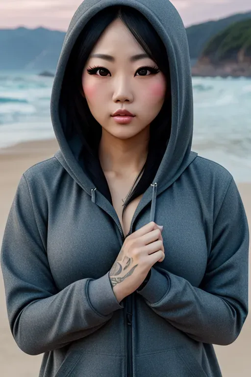 a digital art of,miyuki shiba,wearing hoodie,lying,on the beach,small breasts,five slender fingers,charming face,beautiful lips,detailed large eyes,curved eyebrows,curved eyelid,textured skin,cosy,tattoo,smooth,editorial,highly detailed,sharp focus,studio lighting
