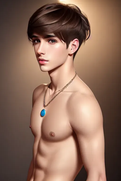 a digital painting of,a Twink,amazing ass,five slender fingers,bangs hairstyle,charming face,beautiful lips,brown eyes,curved eyebrows,pale skin,wearing necklace,bokeh,professional,studio lighting,smooth,highly detailed, Long wet penis