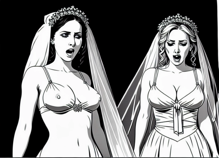Highly detailed, emotive line drawing, group scene of, a young bride being sexually tortured by two home invaders, bride is crying and screaming with her makeup running down her face, this should be a violent and extremely sexually explicit scene of forced sex, bride is blonde with huge natural breasts, bride is tied up and covered in cum