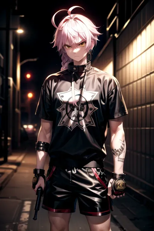 Male delinquent street punk in emo style clothes standing in refinery holding a brass knuckles, looking at viewer, 1boy, braid, (huge ahoge:1.3), angry, closed mouth, frown, standing, torn clothes, piercings, jewelry, tattoos, finely detailed background, amazingly intricate background, incredibly absurdres, best quality, <lora:dpmg_middle_finger:1>, <lora:dpmg_add_detail:1>, perfect anatomy, perfect body, perfect arms, perfect legs, perfect face, holding a brass knuckles,