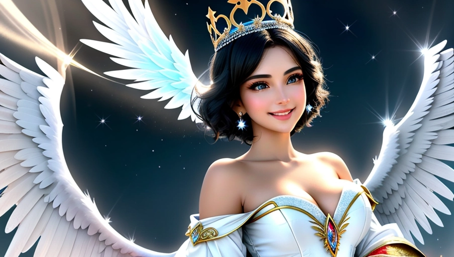 a 64k high detailed photo of body shot of Snow White (Female) HDR Professional In clothing Godly Ultra Detailed Best Quality Most Detailed ((Angel Wings)) Angelic Lighting Love Hope Magic casting Crown Smiling Queen happy Glory Warrior Angels Angelics Positivity Happiness ecstasy enraptured sweaty saving God Royalty Morality Goodness True Good Power Force Authority Ethical Saviour Halo short Hair Always and Forever Sentimental in heat hot ultra hot best best lighting tantric Neutral Brilliant Logical Compassionate Perfect Perfection Exciting Integrity Winged Courage Purity Harmony Beauty mark on upper lip ((Female)) Ethereal Lighting Celestial Lighting ((((With clothes)))) ((has clothes))) ((With God Item)) ((God Tech)) with items of power God Wings ((Afterlife Light)) ((Smiling)) (Happy Expression))