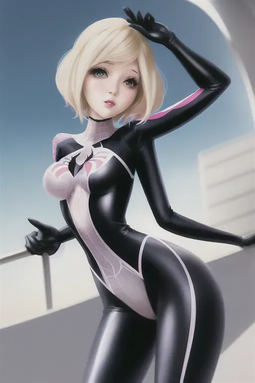 Spider-Gwen sensual and blushing petite cute blonde hair with short boy hairstyle. perfect round breast, hourglass figure, spidergwen costume, photorealistic style sexy brat