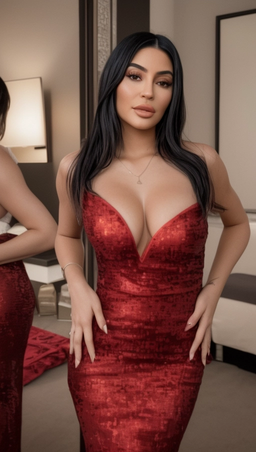 Kylie Jenner in a glamorous photoshoot. Highly detailed textures. Very realistic bright lighting. Standing, bedroom. Looking at viewer. Red dress, black hair