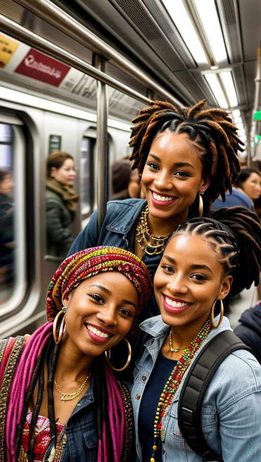 selected ethnic - African descent,
age range - 18 to 30 years,
scene - inside a Munich metro train,
location - train carriage,
clothing style - colorful streetwear with vibrant patterns and bold accessories,
woman 1 - braided hair with beads,
woman 2 - afro with highlights,
woman 3 - short curly hair with a headscarf,
woman 4 - long dreadlocks styled into a bun,
expressions - joyful and energetic,
pose - standing close together near an invisible observer, holding onto the train poles, laughing and chatting,
accessories - statement earrings, layered necklaces, stylish backpacks,
makeup - natural with bold lip colors,
camera angle - eye-level to capture connection and intimacy,
lighting - ambient train lighting enhanced with a fill flash,
resolution - high to capture details,
camera type - DSLR,
camera settings - f2.8, ISO 800, 1-100s shutter speed,
focus - on the groups faces and expressions,