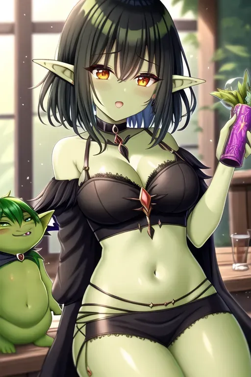 Sorceress, goblin, woman, black hair, green skin, short,