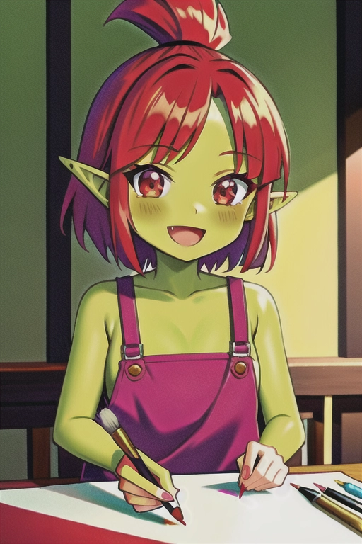 Red head goblin girl, green skin, pointy ears, holding paint brush, drawing, cute, happy