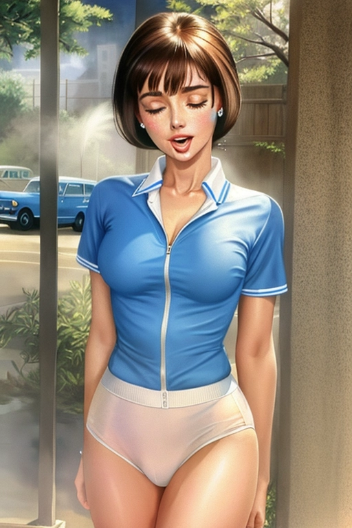 Colour painting of a young Audrey Hepburn ((accurate face)), in nostalgic white and blue gym uniform, ((bare thighs)), smooth skin, sexy butt, fine beautiful body, (detailed skin features),(detailed face features), beautiful face, (detailed body features), beautiful eyes,She must be having a powerful (((sneezing fit))) ((sneezing)) allergy, hay fever, with her nostrils flaring, ((her eyes closed)) and ((her mouth wide open)), ((damp spot on panties)),