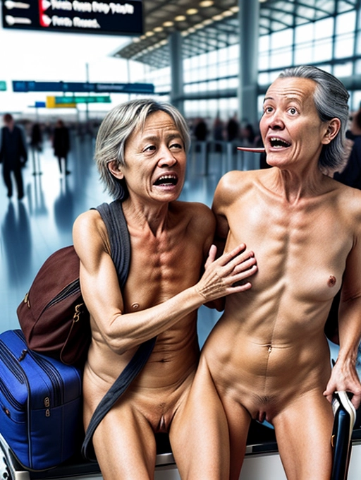 a naked middle aged lady, realistic face, is getting her vagina licked by her girlfriend in a crowded airport