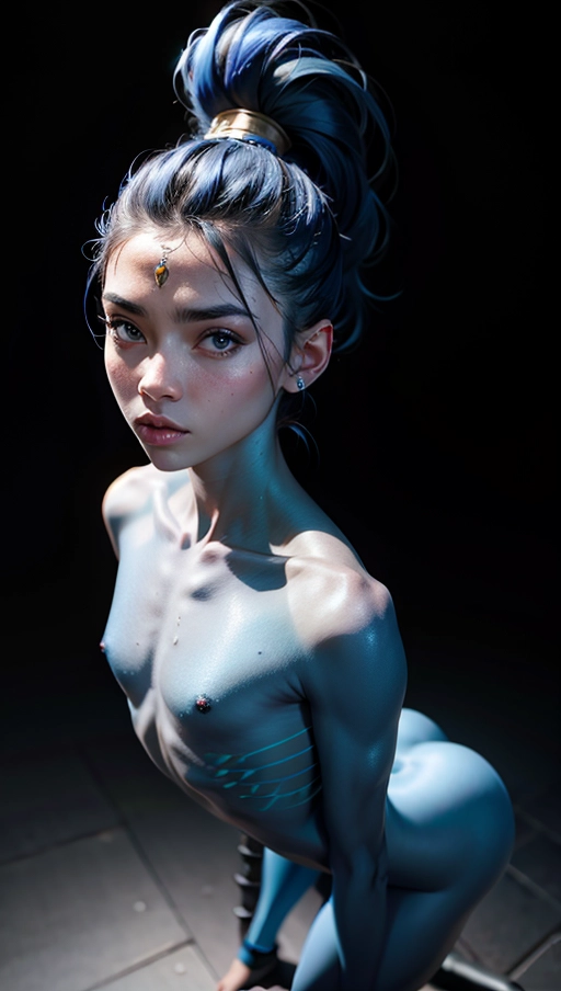 a full body photo of a beautiful navii warrior girl, alien, hot, slim, small butt, girlish butt, dark background, (fully blue skin), perfect tits, ponytail, absurdres, realistic skin, textured skin, hyperrealistic, (masterpiece 1.4), best quality, ultra hd photo, sharp focus, detailed facial features, detailed bright eyes, extremely detailed anatomy, photorealistic, Sharp details, high-resolution, exceptional clarity