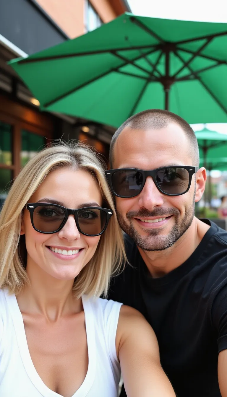 Selfie of a man and woman in their early 50s, both wearing sunglasses, on an outdoor patio with green umbrellas. She is blonde mid length hair milf smiling at the camera, while he has balding very short hair, a clean-shaven face, and a goatee. He is muscular wearing a black t-shirt and a white tank top, with a restaurant background