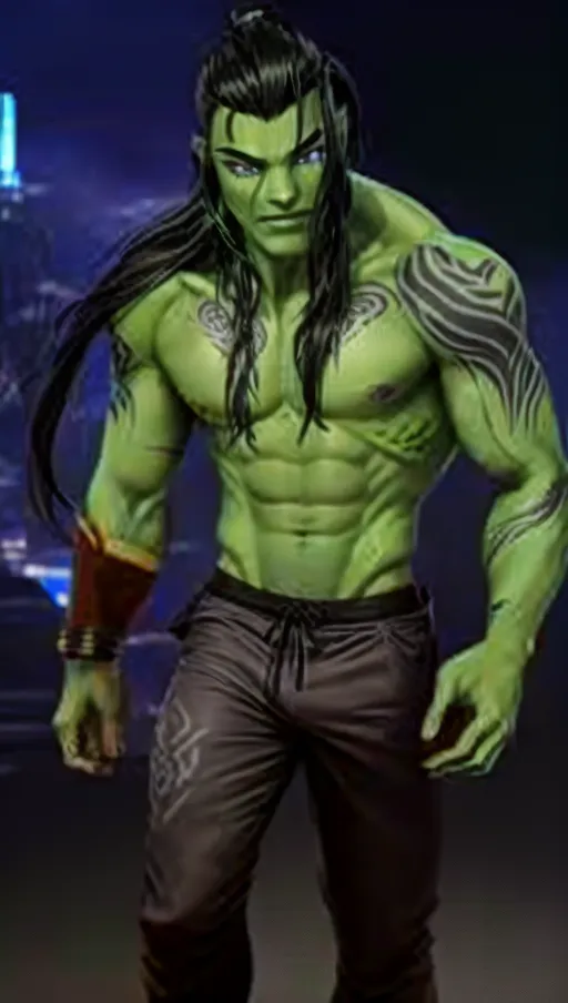 Muscular male, (((green skin))), black tribal tattoos, long black hair, purple eyes, cheerful, gray shirt, gray pants, futuristic clothing, alien
Fullbody view, masterpiece, absurdres, ((((solo focus)))), 8k, perfect edges, ultra realistic, perfect anatomy, low light, perfect face, fine details, realistic shaded, realistic body, photoshoot, male
<lora:dpmg_add_detail:1>