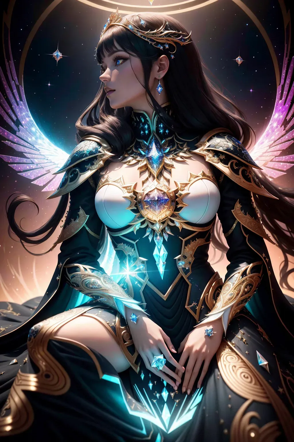 Digital photo, portrait, intircate filigree woman suspended in space, crystal outline of Divine Bloodlines, revealing clothes, five fingers per hand, fantasy badge, epic noble, 5D, dimension galactic background, photorealistic sprinkled with dropplets of crystal black, snakeskin god insanely detailed and intricate, hypermaximalist, elegant, ornate, hyper realistic, super detailed, 8K --ar 1:3 --niji 5 --style scenic --upanime --q 2 --c 5