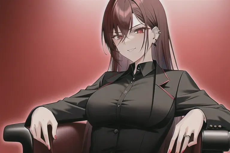 adult, tomboy girl, three ear piercings, dark red hair, dark red eyes, mafia suit, black formal pants, detail eyes, sitting on luxury chair, serious eyes, smug face, detail ear, mole on face, detail mole, great lighting, 4k, beautiful background, black ring