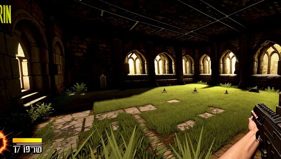 A first person shooter game in the style of mid-1990s horror videogames,shooting aliens and demons, graphics style from the 1980s Commodore64 and Amiga computers, crypts, graveyards, temples, courtyards, castles, monsters, demons, aliens, undead, soldiers, action-packed, warfare, cryptcore, graveyardcore, templecore, castlecore, courtyardcore,