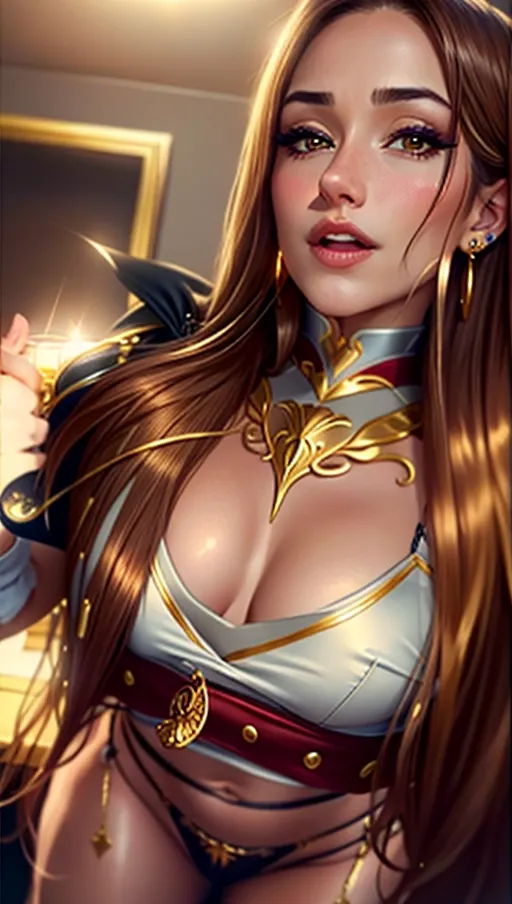 young woman, piercings in nose, make up, looking at camera, tattoos, realistic, masterpiece, gold top, gold bh, realisctic face, naked tits