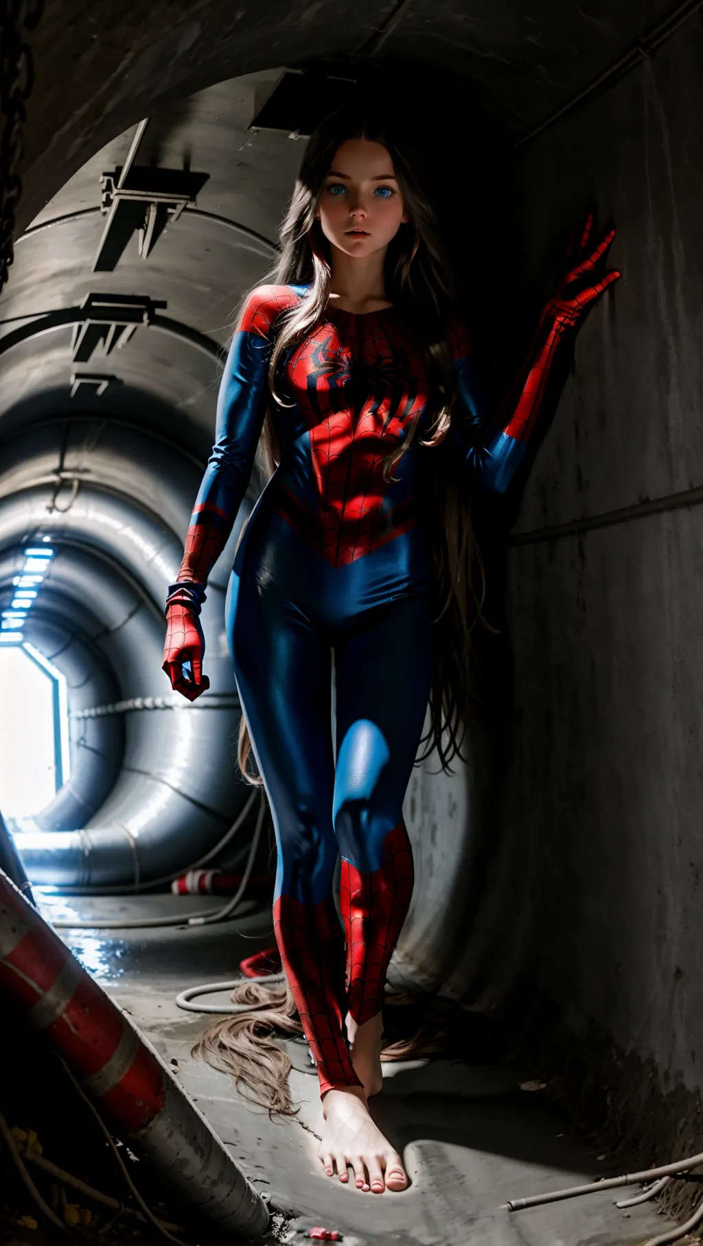full-body image of a gorgeous barefoot girl with long hair and blue eyes wearing Spiderman outfit and gloves while in a dark sewer pipe, barefoot, exposed face, exposed head, bare feet, metal toe cuffs, ankles restrained,