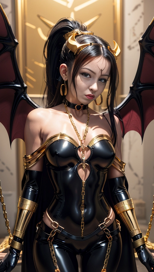 best quality, (((ultra high res))), (detailed face and eyes), (succubus), hearts, perfect face, necklace, choker, golden earrings, jewelry, tail, gloves, snake, gold, (single ponytail), Victoria Justice, black hair, long ponytail, hourglass body, snake coiling, pov from below, ((golden latex)), golden snake, ((handcuffs)), handcuffed, ((((chained)))), (tied up), chains, chain, (((golden symbiote suit))), ((((symbiote girl)))), (((succubus symbiote))), ((burgundy cape)), ((succubus wings))