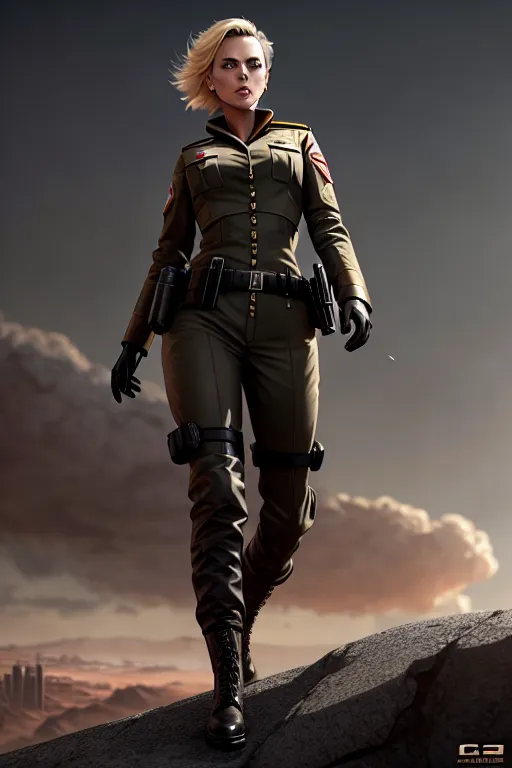 a concept art of,charlize theron,wearing soviet uniform,shooting from a high point,in a dystopian future,big breasts,five slender fingers,short thick hair,beautiful face,beautiful lips,black eyes,curved eyebrows,curved eyelid,smooth skin,satisfaction,wearing necklace,smooth,surreal,cgsociety,unreal engine,artstation