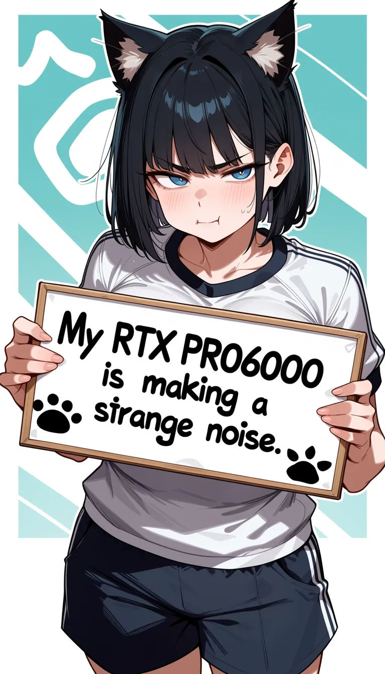 masterpiece, best quality,score_7,
abstract background,
cat ears, gym shirt,
1girl,embarrassed, :t,
. She's holding a rectangular sign out in front of her that reads "My RTX PRO6000 is making a strange noise." and it also has cat symbol.
