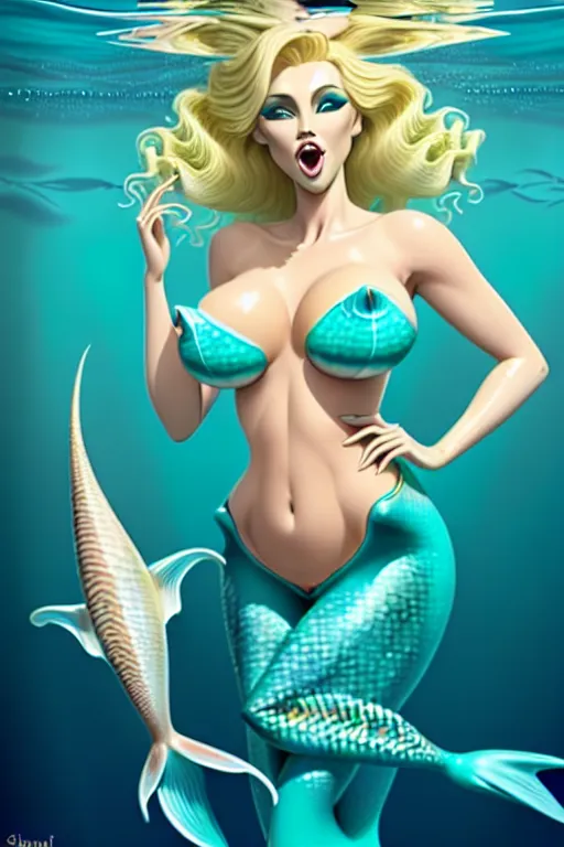 blonde mermaid, big breasts, huge lips, open mouth, orgasm, webbed fingers, wet hair and body, slim waist, slender hips, (((legs fused into fishtail))), (((short fins instead of arms))), turquoise sea int the background