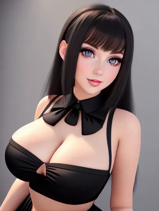 Gorgeous young European woman, photo cute attractive young face, large wide doe eyes, light colored eyes, big bimbo lips, black hair, huge perky tits, pink dress, photorealistic, best quality, ultra high resolution