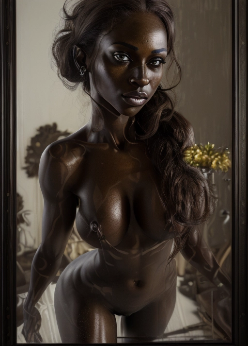 (photorealistic:1.4),
(masterpiece:1.4),
(best quality:1.4),
ultra high res,
professional photograph, extremely hyper detailed,
((fully nude)),
(best quality),
(uhd),
gorgeous woman, bright eyes, chiseled jaw, freckles, very detailed, (((literally dark skinned))), hazel eyes, big eyes, skinny figure, large breasts, long hair, thighs, stomach, gigantic breasts, skinny