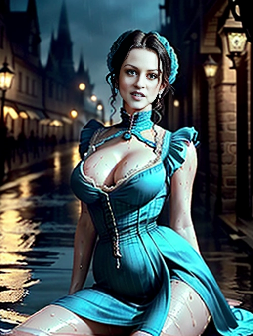 (RAW photo:1.2), (photorealistic:1.4),(masterpiece:1.4),(best quality:1.4),ultra high res,((detailed facial features)),HDR,8k resolution a photo shot of, a milf lady (((wearing a victorian dress, pulls up her blue dress to her waist showing cunt))), (((exposing gaping wet soft hairy pussy))), sitting in Medieval street at nighttime , (((small natural breasts))),five fingers per hand,hair bob,beautiful lips, ,green eyes,curved eyebrows pale skin, ((exposing breasts)),((( legs spread wide) open))