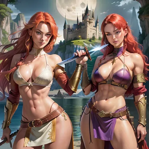 High fantasy setting (Dungeons and Dragons), two young women (looks like Olivia Wilde with long blonde hair in ponytail and Dina Meyer with short red hair) wearing purple and blue armour, skirt to knees, high leather boots, medium sized breasts, cleavage, toned and slim body, abs, slender arms and legs, small ass, midrif, narrow waist, sensual expression, sharp features, very beautiful face, detailed eyes, arched eyebrows, sexy pose, holding sword in one hand, looking at the viewer, sensual and self assured smile,
castle on a cliff next to a lake and forest in the background, full moon, moon light,
two arms, two hands, five fingers, detailed fingers, two legs, two feet