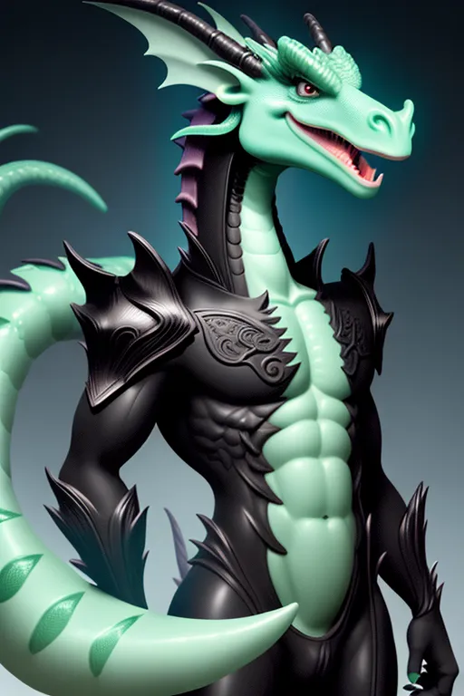 A male anthropomorphic dragon, medium snout, two bright green cocks, mostly slight bright green with vertical black stripe down the middle of body