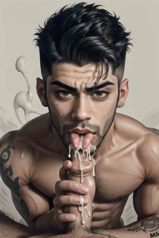 masterpiece realistic, best high quality, blowjob, suck, fully nude zayn malik masturbating with erect penis in mouth (((dribbling cum))), cum on face, eyes, cum everywhere, (((cum dripping from mouth and chin)))