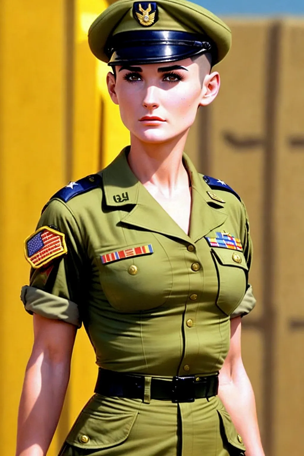 A high resolution medium photo of, young Demi Moore, slender, dressed as GI Jane, buzzcut hair, army uniform, army hat, on a military base, looking at the camera