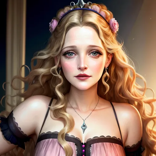 Princess Drew Barrymore. drugged. disheveled. drowsy. glassy-eyed. half-lidded eyes. half-asleep