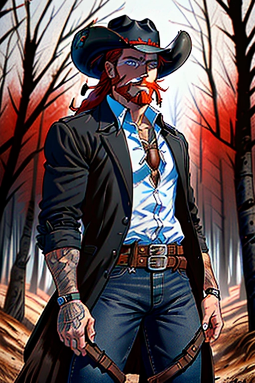 Old wild west, A badass cowboi riding his badass horse, black cowboi hat with white band and a feather, red hair, red beard, sharp blue eyes, gritting teeth, strong chin, strong build, black cowboi outfit, long brown trench coat, black boot cut pants, two six shooter revolver pistols, two gun holsters, gun belt with bullets line in, black cowboi boots with spurs, riding in the saddle of his black horse, in the forest, fending of a pack of wolves, ((high definition)), ((4k quality)), ((excellent lighting)), ((great shading)), ((pristine detail)), ((really clear picture)), ((beautiful vibrant colors)), ((accurate at lower prompt guidence)), ((ultra realistic)), (((five fingers per hand))), (((two arms per person))), (((two legs per person))),