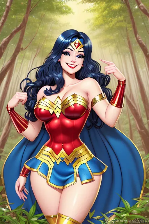 Wonder Womam blushing with beautiful loving smile, detailed lips Detailed wonder woman costume red and gold with blue mini skirt, realistic fabric, flowing black hair, exposed shoulders, thick eyelashes, detailed fingers, thin body, beautiful fantasy forest background,