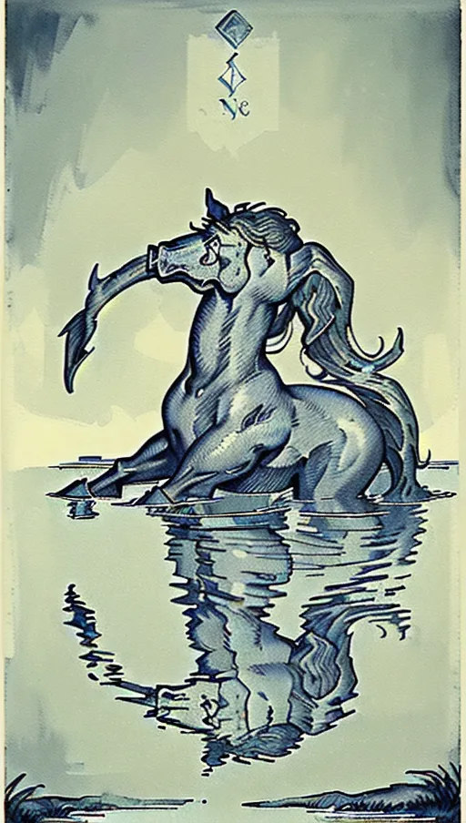 ((128k masterpiece)) (In water reflection is skull image) vintage etching style illustration of a Scottish kelpie water creature, (((Vintage line etching style))). a bestiary image of a traditional (welsh kelpie fantasy mythical creature), dynamic compositional poster art)), kelpie:1.5 water dwelling horse of sadness, ((half-horse-half-fish)) as in water reflection skeletons hands raise from water skulls in water
