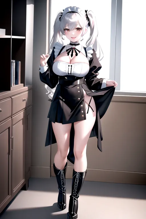 miniskirt, black maid uniform, white hair, choker, brown eyes, pale skin, giant breasts, boots, cleavage, high heels, looking at viewer, walking across room, living room, 1girl, smiling, wavy hair, 8K, Full body photo, slim body, pigtails