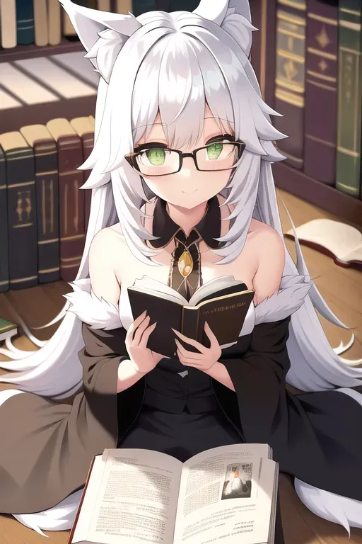 loli girl, wolf ears, wolf tail, long white hair, green eyes, black dress, sweet face, she studies, eyeglasses, focused, book,
read the book