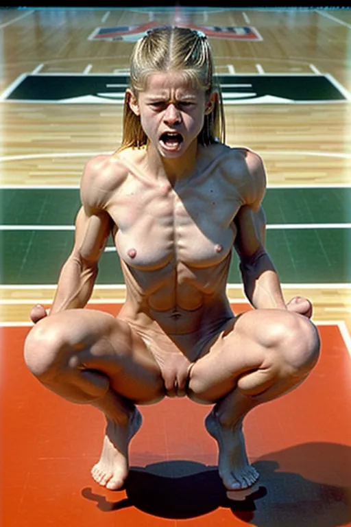 A very fit 18 year old fully naked Linda Hamilton, look of pain on her face, pushing her abs out, very low body fat, extremely lean body, perfect body, showing her vagina, squatting on a NBA basketball ball court in front of an audience, fully nude, spreading her legs, perfectly shaped breast, blonde hair, spreading her legs wide open, barefoot