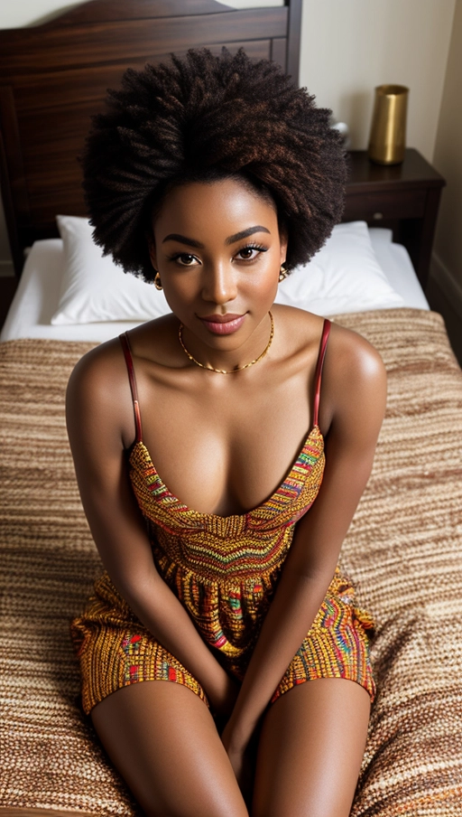 Origin - Ghana, Age - 28 years old, Body shape - Athletic, Position and Pose - ((lying on an antique wooden bed facing slightly to the left with one hand resting on the bedsheet and the other fingering her pussy)), Face - Oval with high cheekbones, Eyes - Almond-shaped, deep brown, Nose - Broad and well-defined, Mouth - Full lips slightly parted in a serene smile, Hair color - Black with subtle mahogany highlights, Hairstyle - Bantu knots meticulously arranged to frame the face, Dressing style - Afro-futurism incorporating traditional Kente cloth in a modern, asymmetrical dress design with vibrant colors predominating, Emotion - A mix of contemplation and subtle joy as if lost in a fond memory, Camera - DSLR, Angle - Eye level, Level of close-up - Medium shot capturing the model from the waist up to include the detail of the dress and the pose, Lighting - Natural light with a golden hour glow to enhance the warm tones of the scene and skin, Camera settings - Aperture f2.8 for a soft background blur emphasizing the model and flower, Shutter speed 1-200 to capture the fine details without blur, ISO 100 for natural light conditions ensuring vivid colors and contrast., ((erected nipples)),