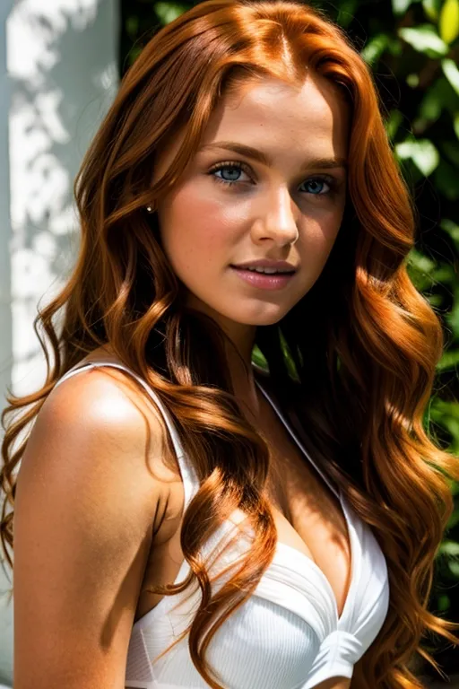 Headshot, A cute beautiful gorgeous tanned stunning ginger Irish redhead preteen supermodel, long wavy hair, large emotional widest wide-set innocent (((huge round eyes))), gamine