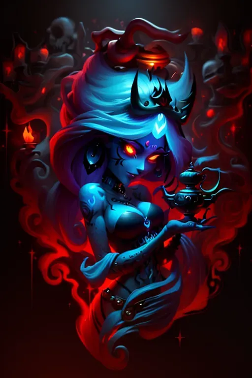 girl, hands holding genie lamp, seductive look, tattoos, dark background, skulls, glowing eyes,