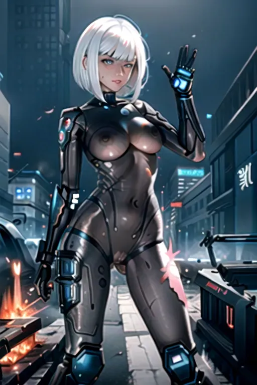a digital painting of lucyna kushinada from cyberpunk shooting a pistol in a gunfight with torn clothes. shredded clothes. black bodysuit. sleeveless. armless. (ripped clothing:1.2). wounds. scrapes. (scratches:1.2). <lora:dpmg_black_see_through:1>. cityscape. action scene. combat. tracers. action. <lora:dpmg_scifi:0.6>. athletic. natural breasts. small tits. saggy tits. 20. blue eyes. (white hair:1.2). bangs. short hair. bob haircut. angled bob haircut. five fingers per hand. beautiful face. pretty face. small mouth. thin lips. curved eyebrows. editorial. pixiv. 8k. ultra realistic. masterpiece. (german:0.4). (korean:1). (japanese:0.6). lucy from cyberpunk. (cyborg:0.2). (cyberpunk:0.8). (robot skin:1). (nude:0.8). nsfw. (robot body:0.6). pink eyeliner. skinny. (muscular:0.2). crotchless. vagina. realistic pussy. (mechanical:0.8). sweaty. cyberskin. bottomless. white eyebrows. exposed arms. exposed legs. explosions. fire. injured. (fighting:1.2). firefight. (wounded:1.2). action pose. gun. battle. intense