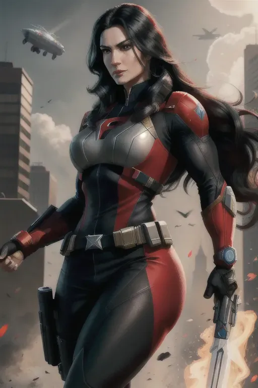 Female captain canuck, long black hair, detailed, female, realistic, 8k wallpaper, best quality, ultra hd, global lighting, hi-resolution, high quality