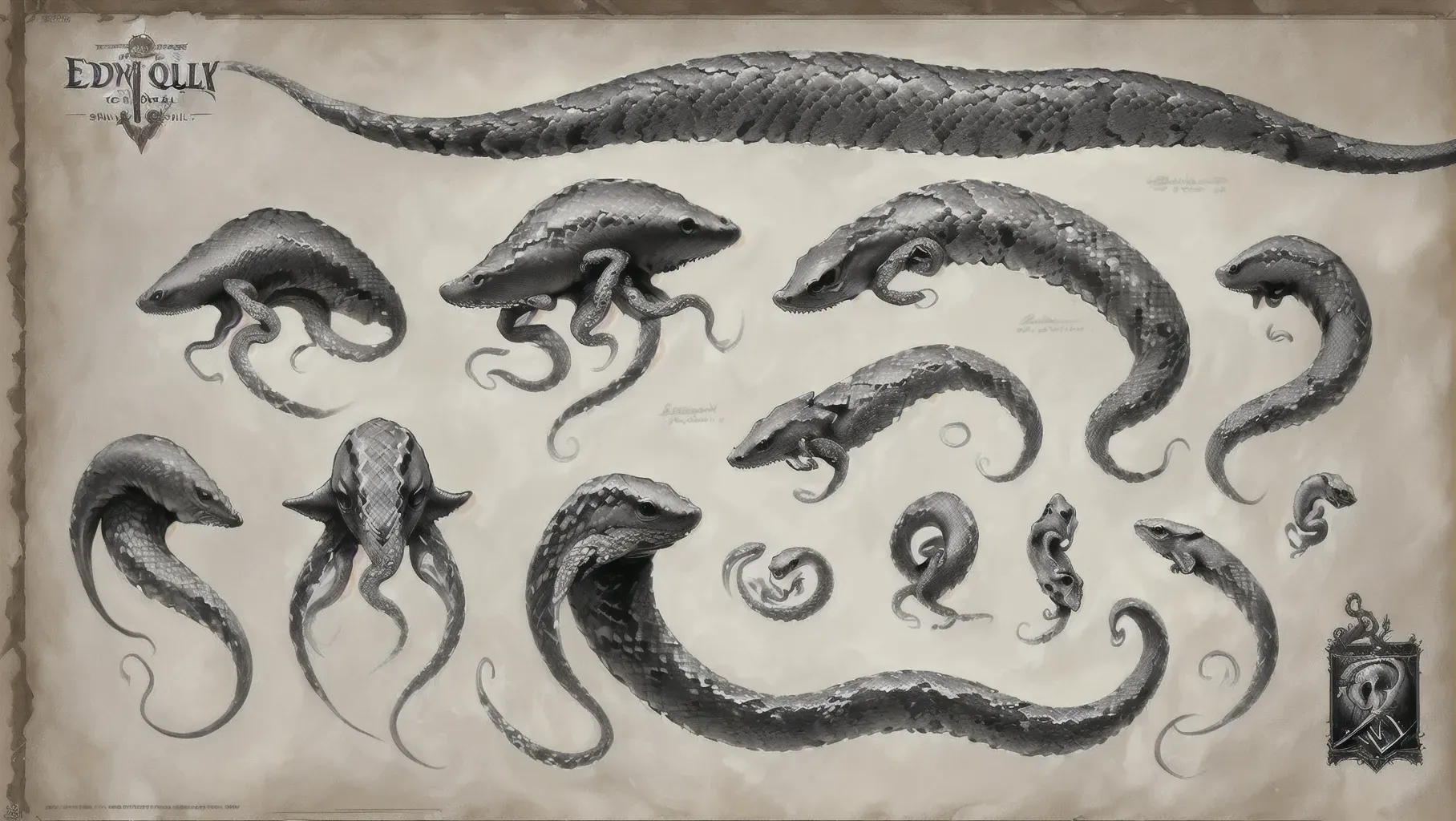 ((8k, high detail, ultra-crisp, high resolution)) character design sheet from ((style of artwork Edward Binkley, ed binkley))
(((snake mixed with a giant squid))
video game concept art))) realistic animal anatomy (strong line art)