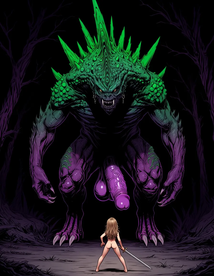 Background is dark evil forest, in the darkness a giant green and purple monster with spikes looms in the darkness, only its outline is visible, it has a giant erect human looking cock and balls, ((giant penis)),
In the foreground is a girl, dwarfed by the size of the monster, she is naked and stands ready to face the monster, she holds a very thin sword,
{{{{Frank Frazetta}}}}