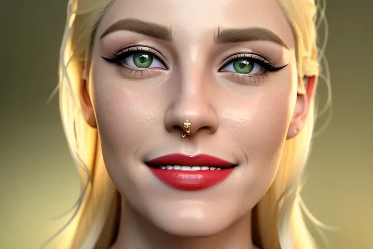an ultra realistic photograph of,blonde,long blonde hair,green eyes, laughing, open mouth smile, gorgeous face, crooked nose,beautiful lips, lipstick,red lips,curved eyebrows,curved eyelid,textured skin, highly detailed,cgsociety,sharp focus,artstation,film style,happy,(smiling),white teeth, excited, long hair,looking at camera