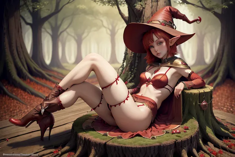 Beautiful elf with short red hair, witch hat, masterpiece, best quality, ((medium breasts)), detailed vagina, thigh gap, realistic, stockings, red elven lingerie, symmetrical eyes, sitting on a big tree stump, legs spread open, (small waist), (small hips)