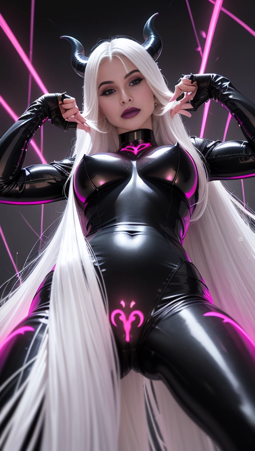 best quality, (((ultra high res))), (((detailed face and eyes))), ((perfect face)), (big shining heart choker), earrings, jewelry, (conjuring), witch, ((very long voluminous hair)), ((((white hair)))), ((((black skintight neckholder)))), ((((pink lipstick)))), ((black long sleeves)), ((glowing heart)), (((demon mark))), ((((straight hair)))), (((Kylie Jenner))), (((((very very long white hair))))), (((perfect face and eyes))), (((straight hair))), ((black leggings)), (black latex suit), ((succubus)), demon horns , (((huge cameltoe))), black gloves, ((pov from below)), (((shining panties))), dark background, ((shining Dessous)), ((shining lingerie)), (((strands))), (((pink glowing lines)))